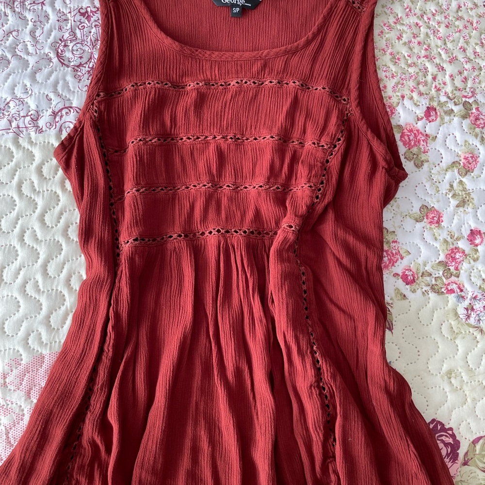 George Womens Brick Red Sleeveless Crochet-Trim Tank